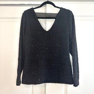Black Sequence & Textured Long Sleeve V-Neck Blouse Sweater L
